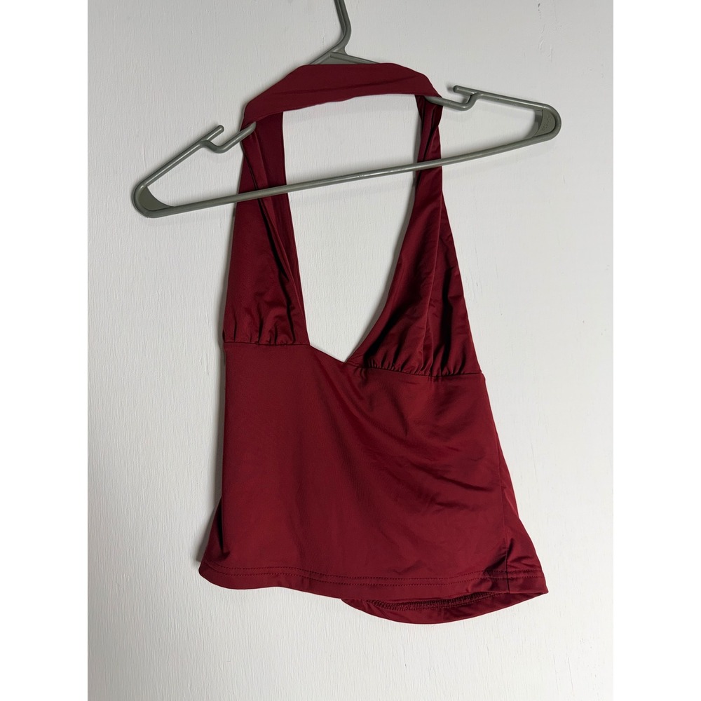 TiulZial Burgundy Halter Top Deep V Neck Ruched Asymmetrical Clubwear Small